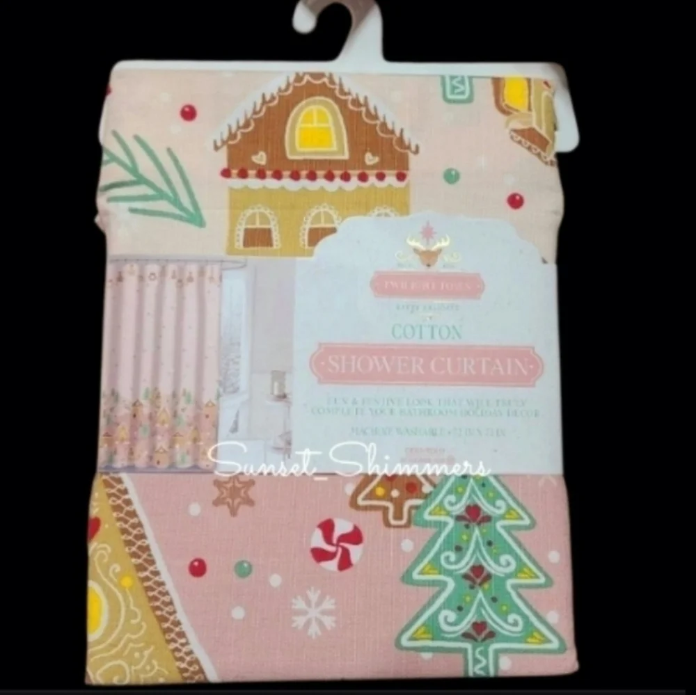 Pink Gingerbread House Christmas Village Fabric Shower Curtain Bathroom Decor